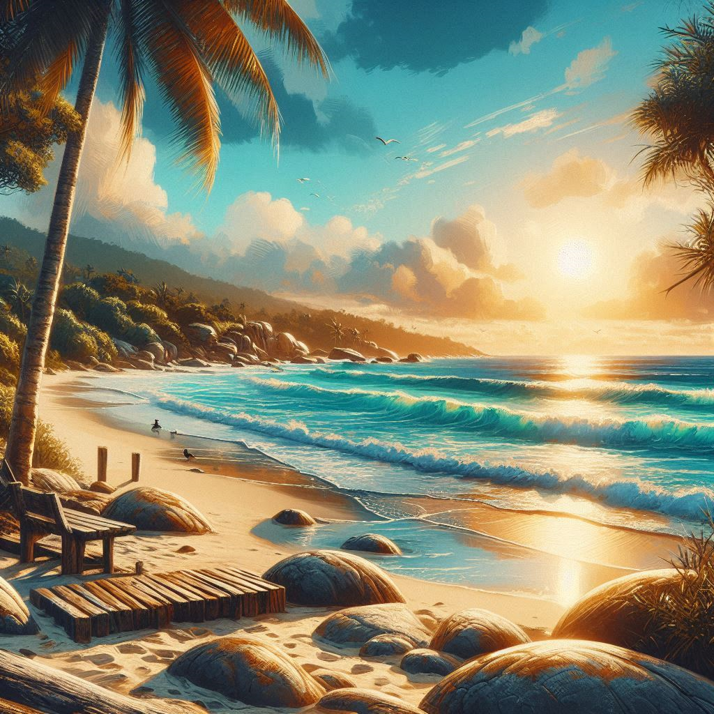 Bild eines Strands im Sommer; Sonnenuntergang, erkennbarer Wellengang.